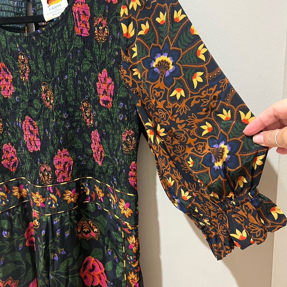 Farm Rio Jumpsuit Smoked Wide Leg 3/4 Sleeve Vibrant Florals Holidays SZ L EUC - Picture 5 of 11